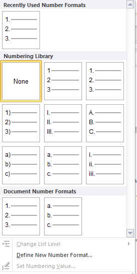 các lựa chọn Numbering